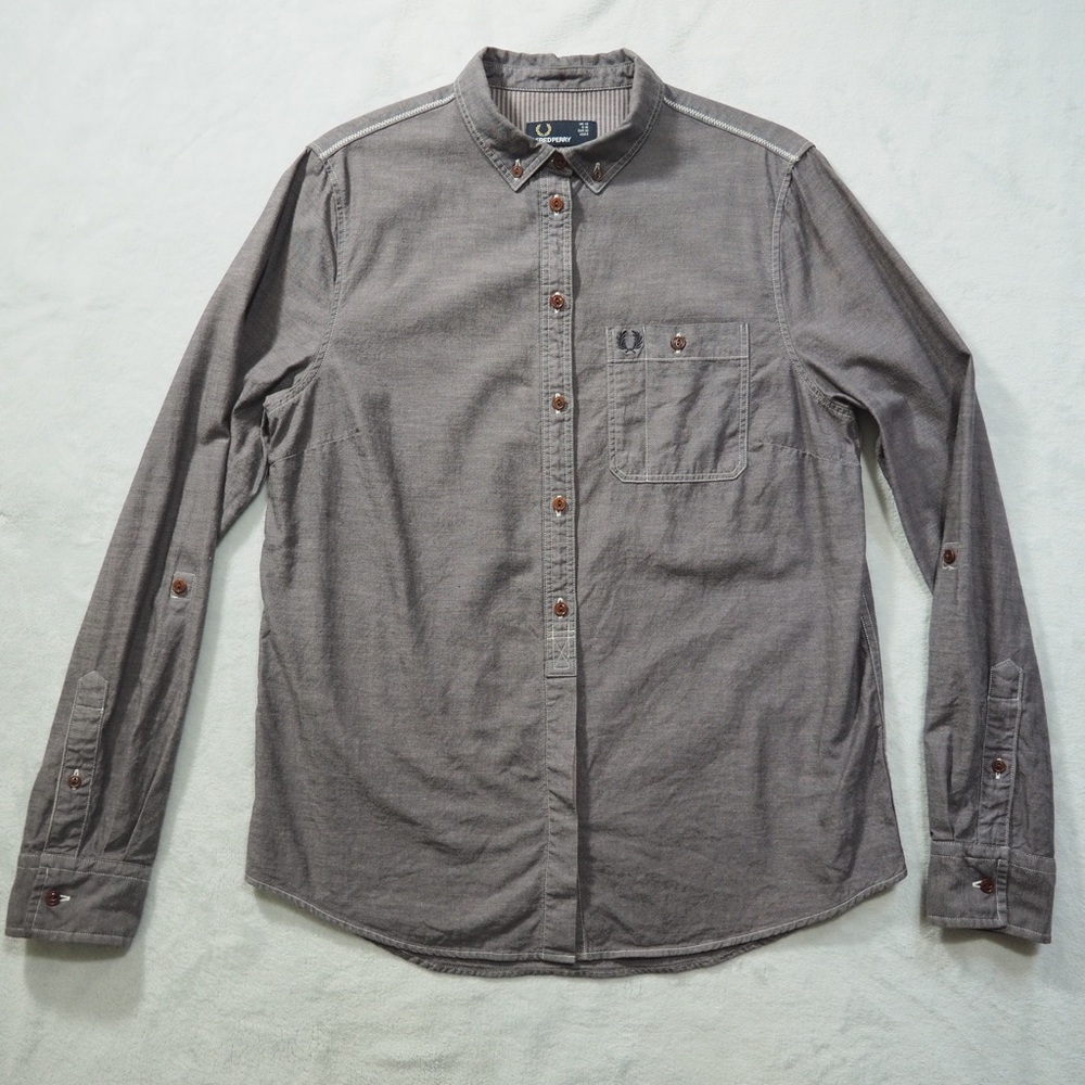 Fred Perry Sz 6 Gray Button-Down Long Sleeve Shirt 100% Cotton